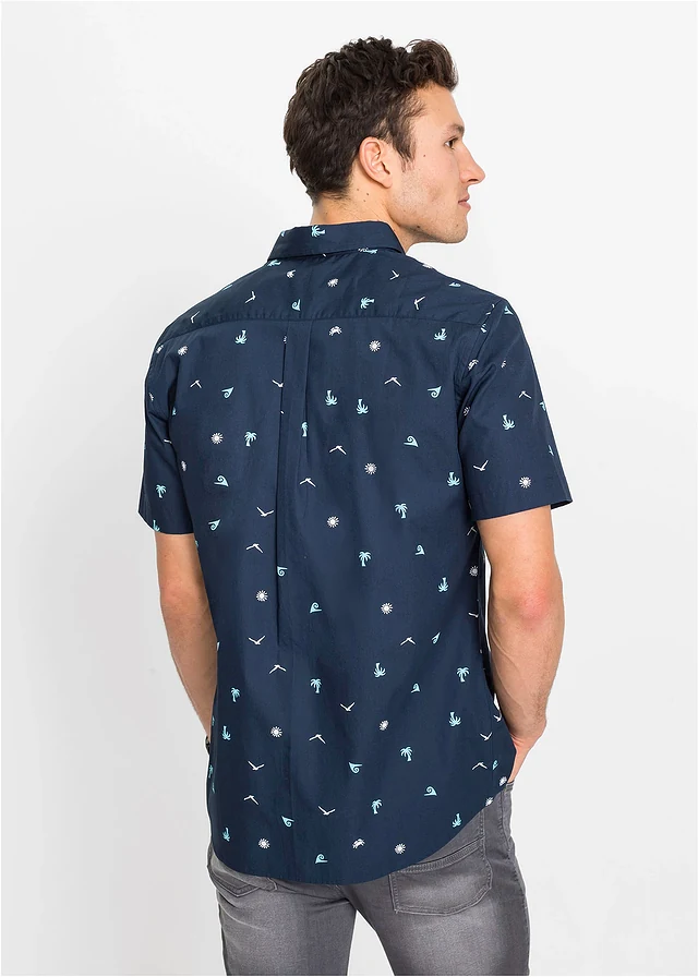 Overhemd met korte mouwen van katoen, Kleur: donkerblauw-wit gedessineerd