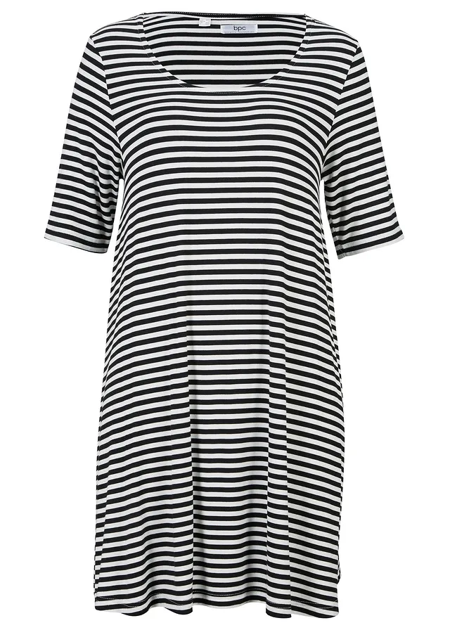 Lange shirt tuniek, korte mouw, Kleur: zwart/wit gestreept