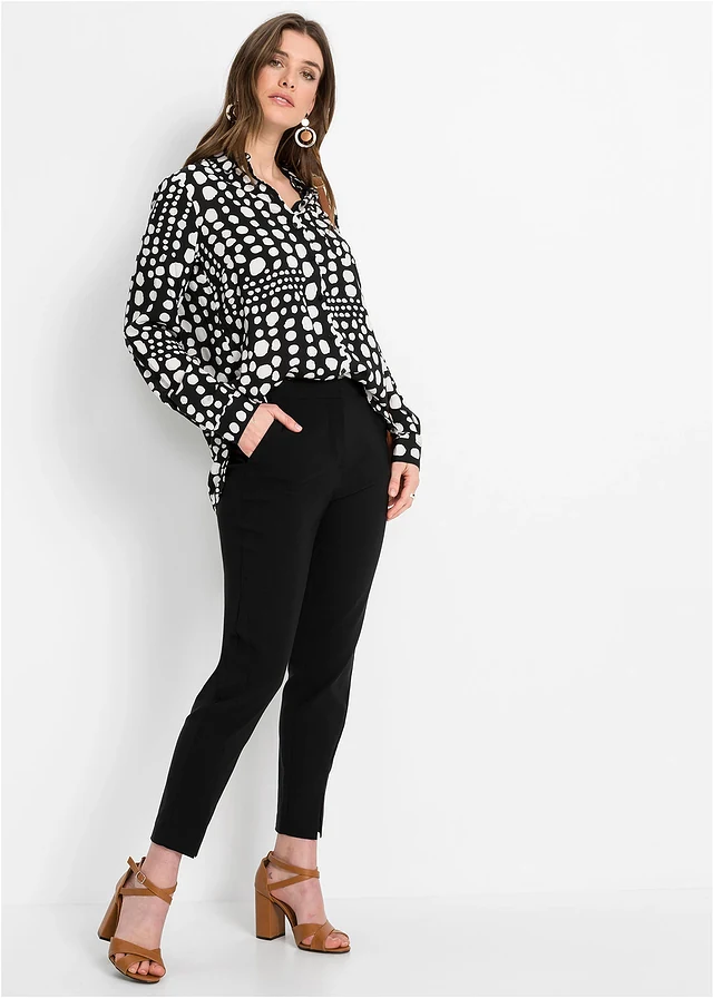 Chemisier long imprimé en viscose fluide, Couleur: noir pois écru