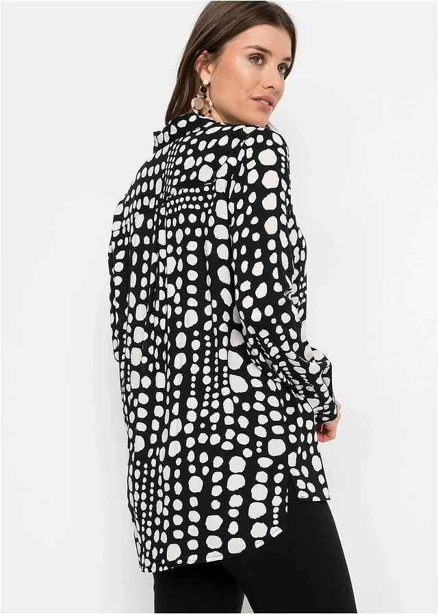 Chemisier long imprimé en viscose fluide, Couleur: noir pois écru