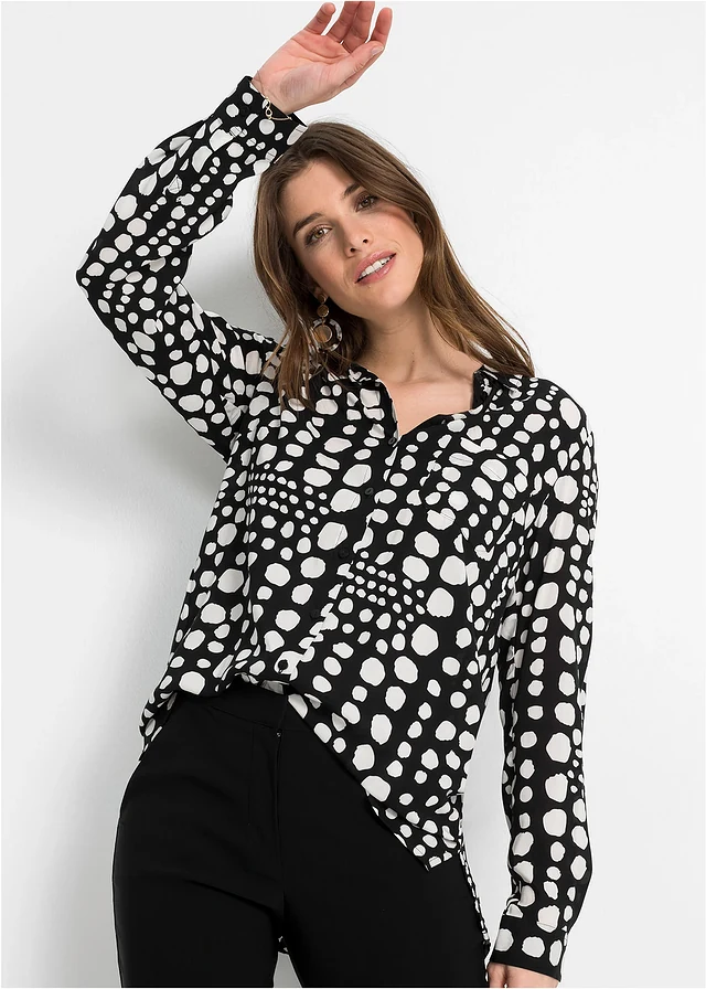 Chemisier long imprimé en viscose fluide, Couleur: noir pois écru