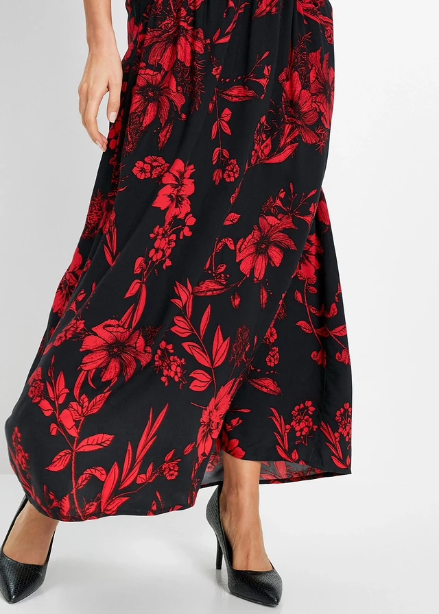 Jupe longue en viscose avec taille élastique et lien à nouer • noir/rouge floral • product-page.page-title-suffix