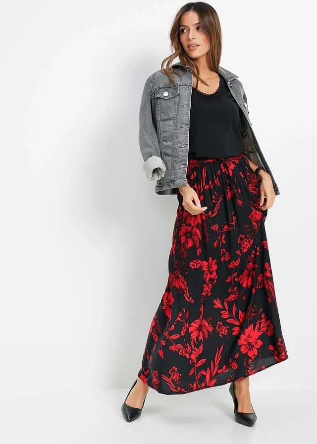 Maxirok van viscose met comfortband en strikkoordjes, Kleur: zwart-rood gebloemd