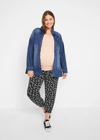 Těhotenské kalhoty z viskózové směsi s hravým potiskem, Loose Fit, barva: černá s květy