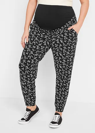 Těhotenské kalhoty z viskózové směsi s hravým potiskem, Loose Fit, barva: černá s květy