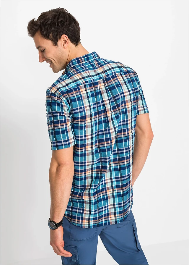 Chemise manches courtes en seersucker 100% coton, Couleur: bleu carreaux