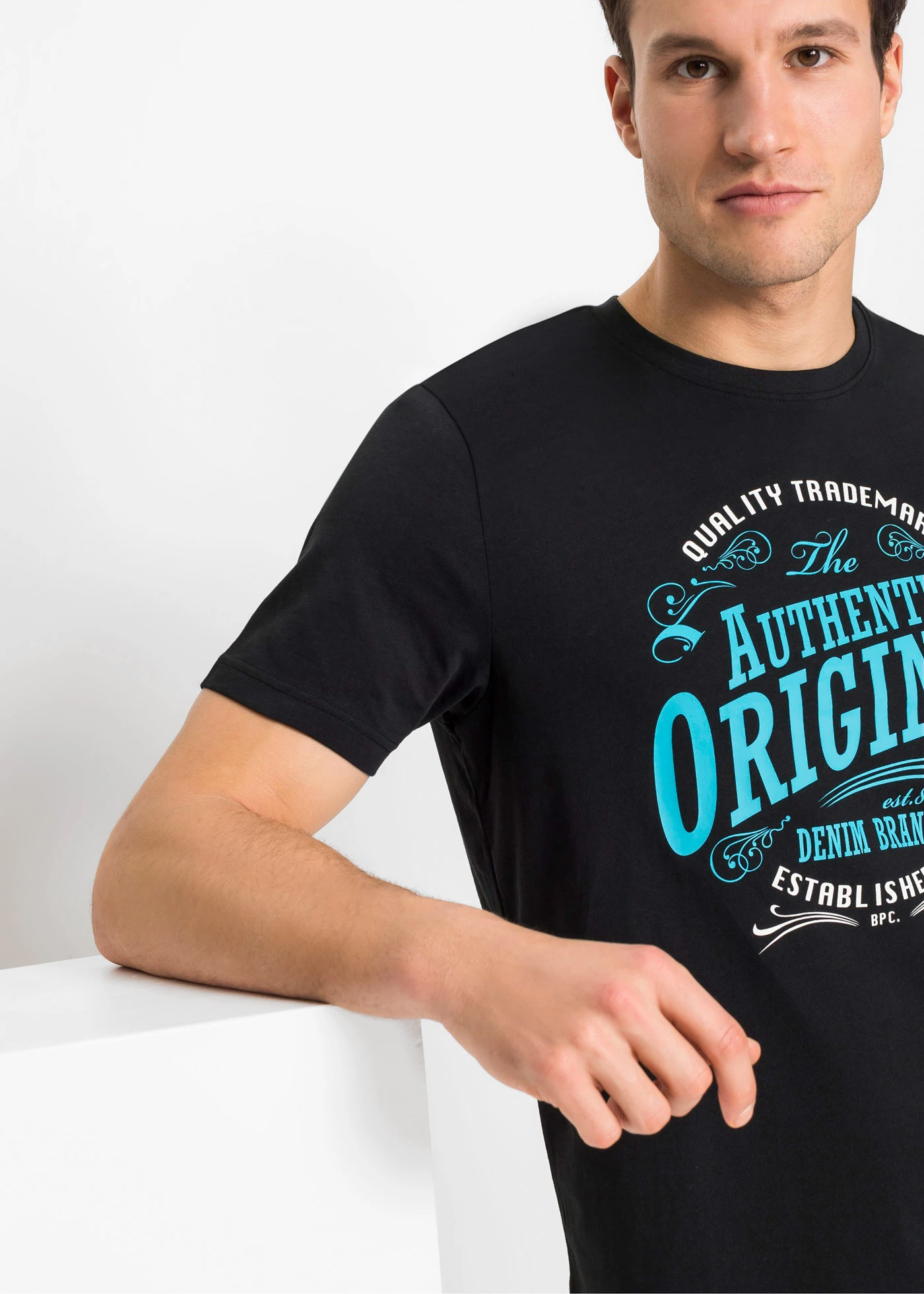 T-shirt van biologisch katoen (set van 2) • zwart+turkoois met print • bonprix online shop