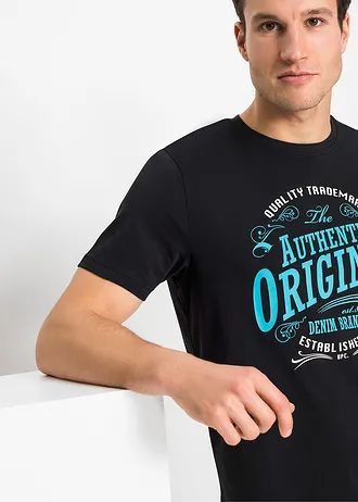 T-shirt van biologisch katoen (set van 2) • zwart+turkoois met print • bonprix online shop