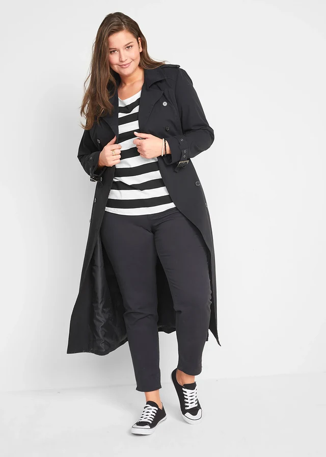 Trench-coat long ceinturé à la taille, Couleur: noir