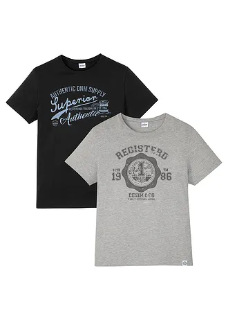 Tricou (set/2 buc.) • negru/gri melanj imprimat • magazin bonprix