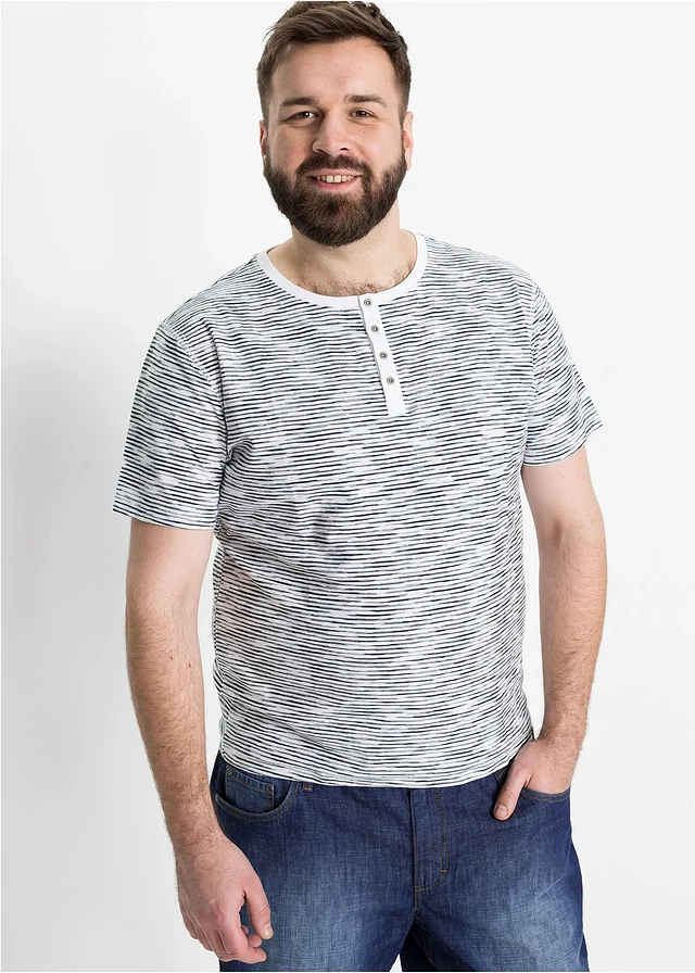T-shirt col tunisien, 100% coton, Couleur: bleu rayé