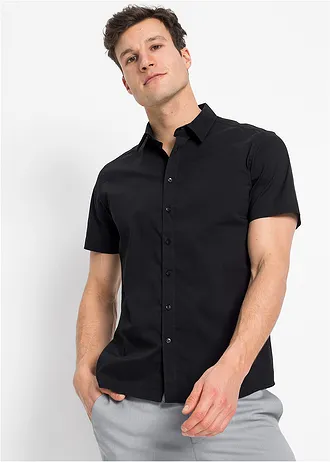 Cămașă slim fit, stretch, cu mânecă scurtă • negru • magazin bonprix