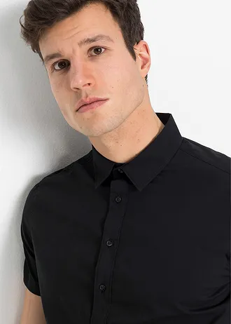 Cămașă slim fit, stretch, cu mânecă scurtă • negru • magazin bonprix