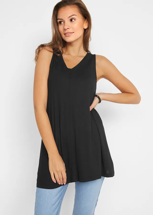Lange top in een viscosemix, Kleur: zwart
