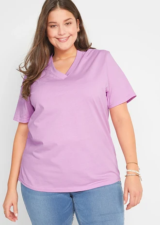 Lot de 5 T-shirts longs et amples à col V, Couleur: rose/mauve clair/menthe/jaune elfique/bleu foncé