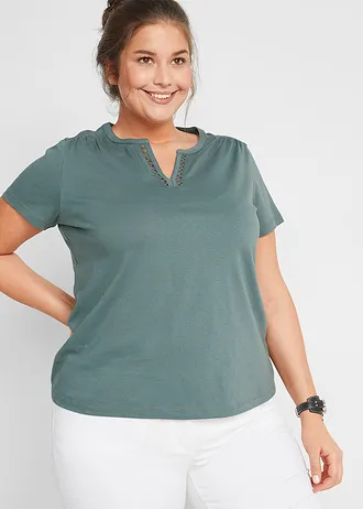 Tričko s ozdobným výstřihem, barva: eukalyptově zelená