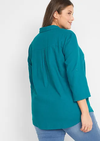 Blouse met linnen en 3/4 mouwen, Kleur: zeeturkoois