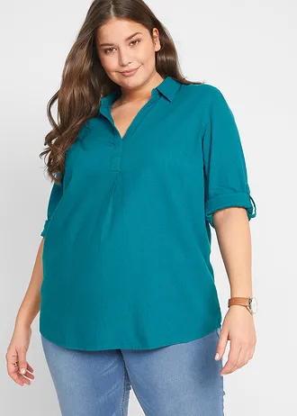 Blouse met linnen en 3/4 mouwen, Kleur: zeeturkoois
