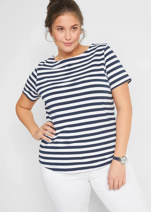 T-shirt à encolure bateau, Couleur: blanc/bleu foncé rayé