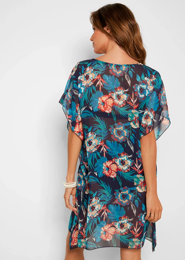 Lange strandtuniek van licht chiffon, Kleur: donkerblauw-turkoois gebloemd