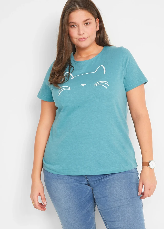 Shirt met korte mouwen en kattenprint, Kleur: mat kobaltturkoois-wit