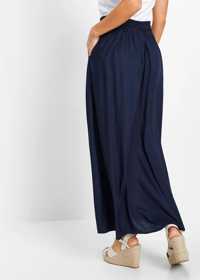 Maxirok van viscose met comfortband en strikkoordjes, Kleur: donkerblauw
