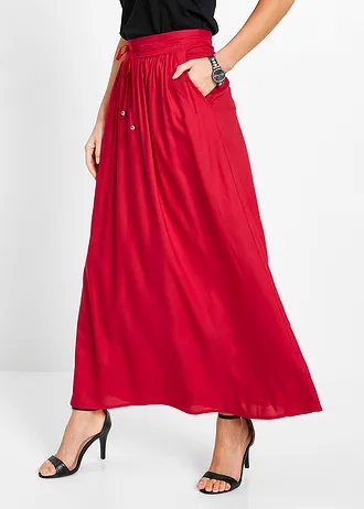 Maxirok van viscose met comfortband en strikkoordjes, Kleur: rood