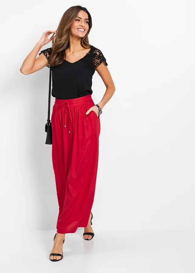 Maxirok van viscose met comfortband en strikkoordjes, Kleur: rood