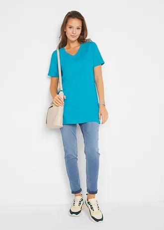 Basic longshirt met V-hals (set van 2), Kleur: turkoois+donkerblauw