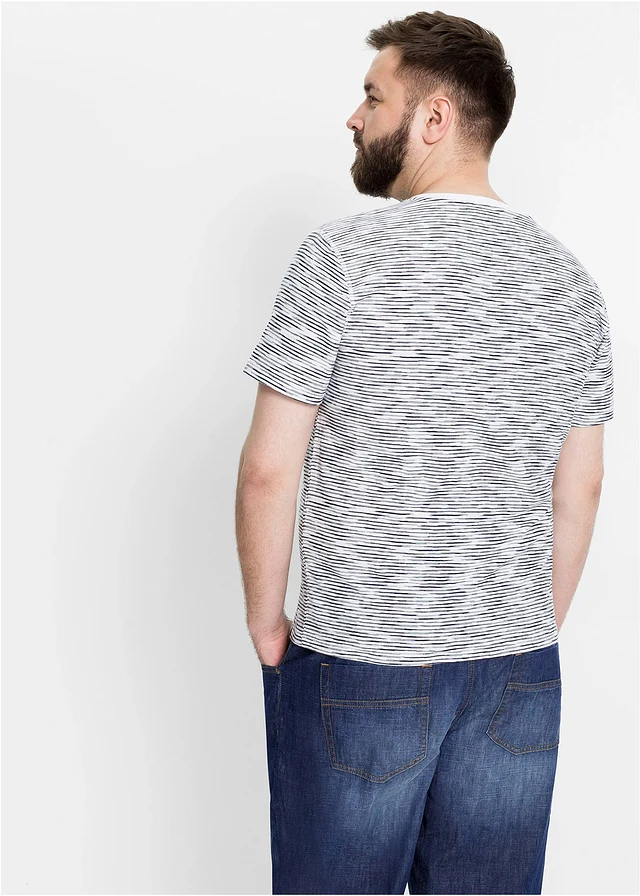 T-shirt col tunisien, 100% coton, Couleur: bleu rayé