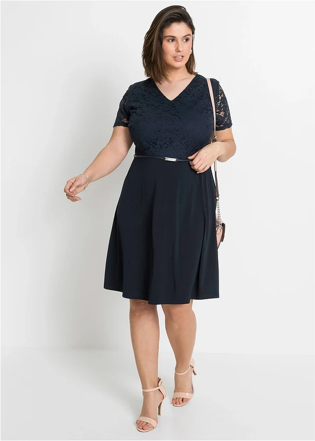 Robe courte avec ceinture et dentelle, Couleur: bleu foncé