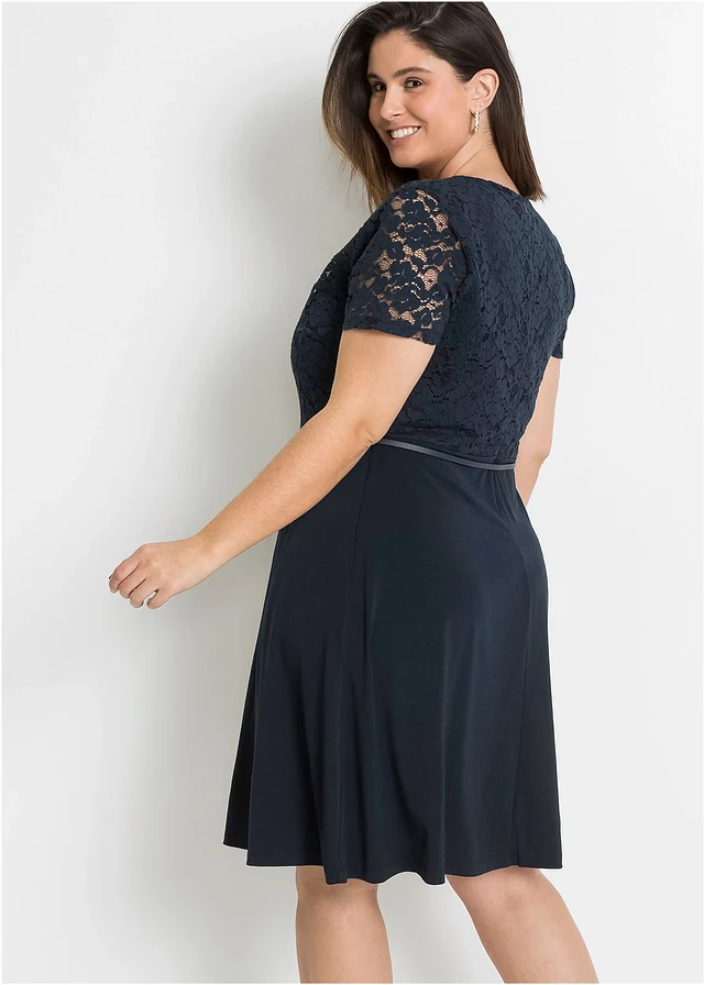 Robe courte avec ceinture et dentelle, Couleur: bleu foncé