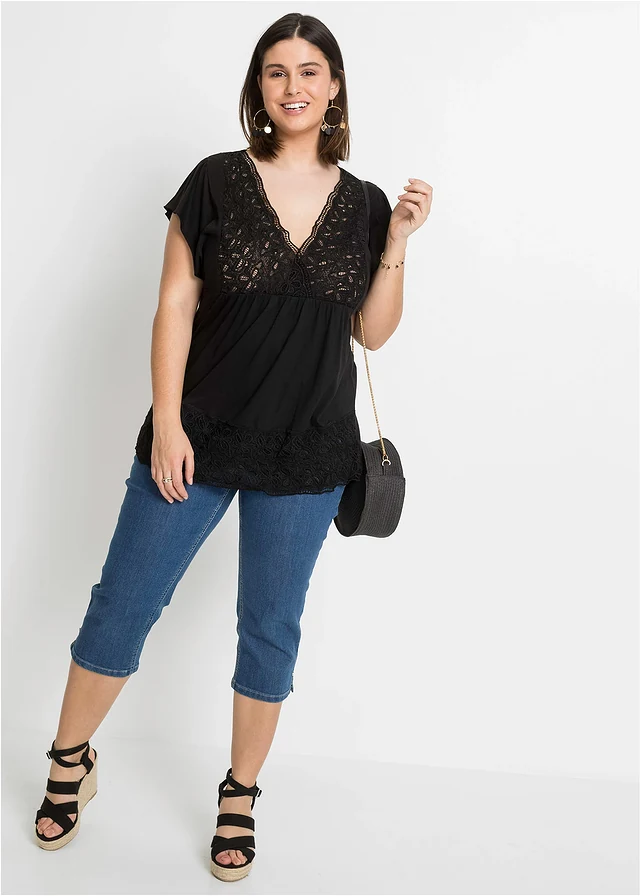 T-shirt avec décolleté en dentelle, Couleur: noir