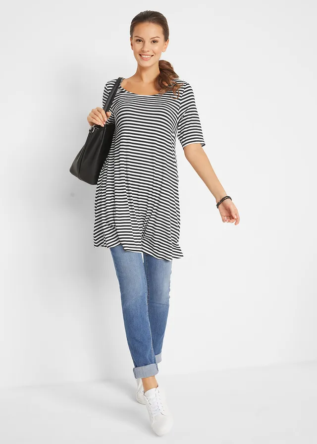 Lange shirt tuniek, korte mouw, Kleur: zwart/wit gestreept
