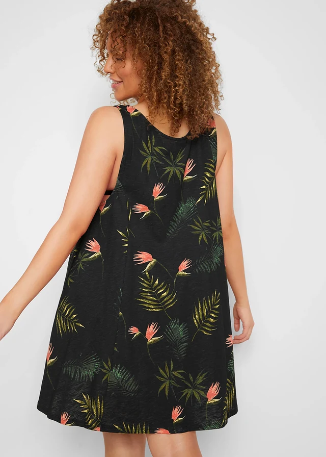 Robe de plage 100% coton, Couleur: noir/vert floral