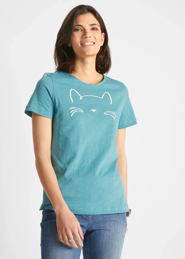Shirt met korte mouwen en kattenprint • mat kobaltturkoois-wit • product-page.page-title-suffix