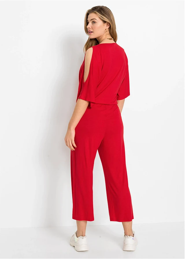 Jersey jumpsuit van vloeiende viscose, Kleur: aardbeirood