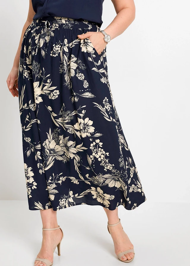 Maxirok van viscose met comfortband en strikkoordjes, Kleur: donkerblauw-kiezelbeige gebloemd