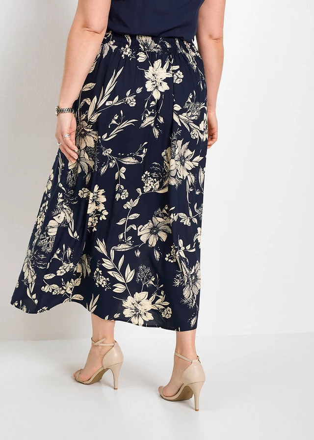 Maxirok van viscose met comfortband en strikkoordjes, Kleur: donkerblauw-kiezelbeige gebloemd