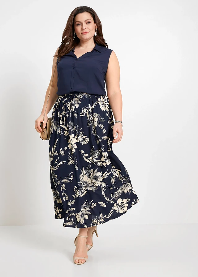 Jupe longue en viscose avec taille élastique et lien à nouer, Couleur: bleu foncé/beige galet floral