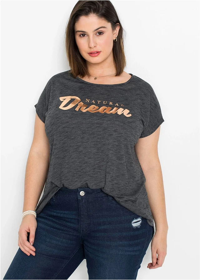 T-shirt long en viscose mélangée, Couleur: noir chiné imprimé
