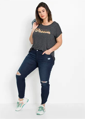 Dlouhé triko z viskózové směsi, barva: černý melír s potiskem