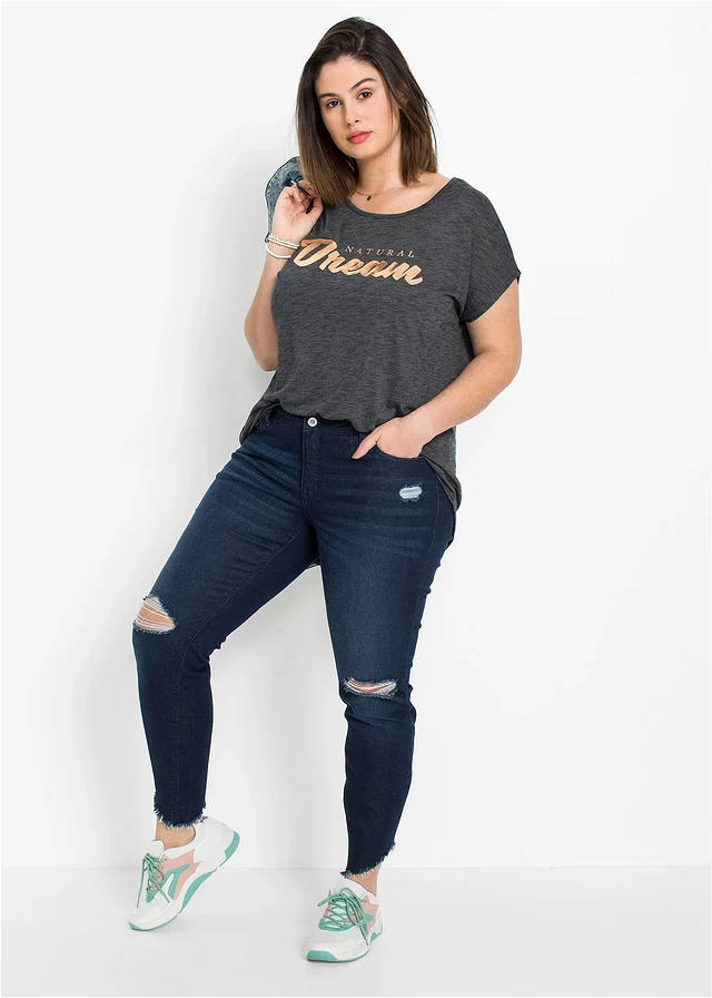T-shirt long en viscose mélangée, Couleur: noir chiné imprimé