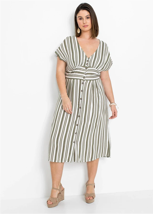 Robe en viscose douce, Couleur: olive/blanc rayé