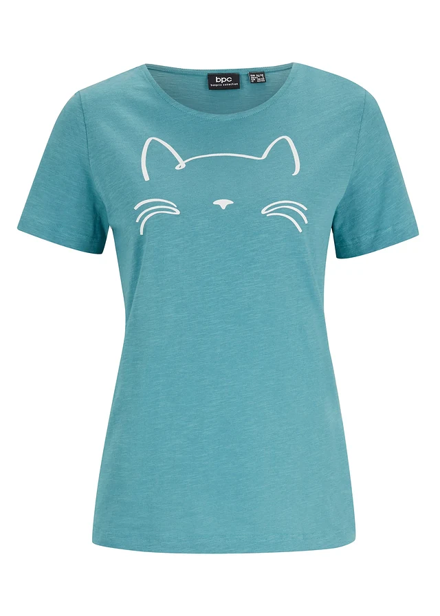 Shirt met korte mouwen en kattenprint, Kleur: mat kobaltturkoois-wit