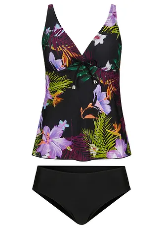 Tankini (2-dlg. set) met V-halslijn, Kleur: zwart-paars gebloemd