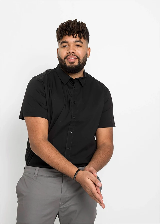 Chemise manches courtes extensible, slim, Couleur: noir