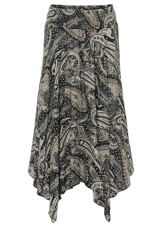 Rok van pure viscose, Kleur: zwart-zandbeige paisley