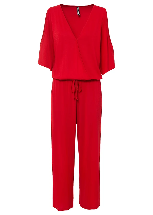 Jersey jumpsuit van vloeiende viscose, Kleur: aardbeirood