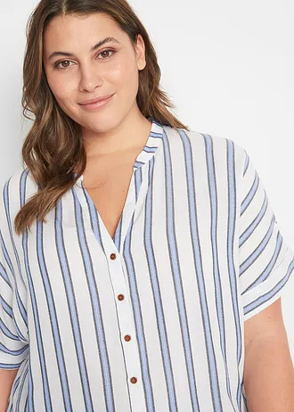 Halenka ze splývavé viskózy se zmačkanou úpravou, barva: modrá s proužky